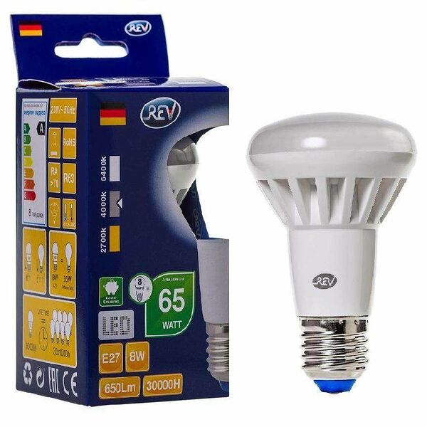 Лампа светодиодная E27 4000К холодный свет, рефлектор, 8 Вт ТМ REV (РЕВ)