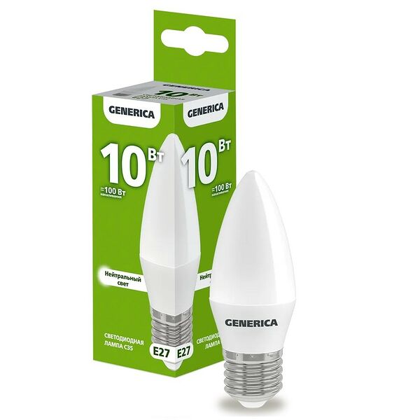 Лампа светодиодная IEK Generica, E27, 10 Вт, 4000К, 230 В, C35, свеча