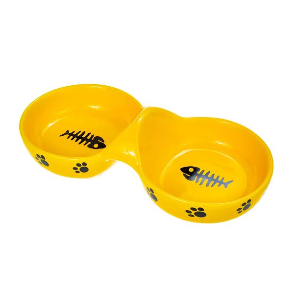 Petmax Миска для кошек двойная с рис. Рыбья Кость 24см желтая керамика