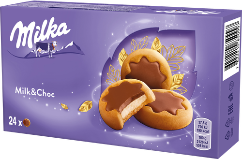

Печенье Milka Milk & Choc с молочной начинкой, частично покрытое молочным шоколадом 150 г