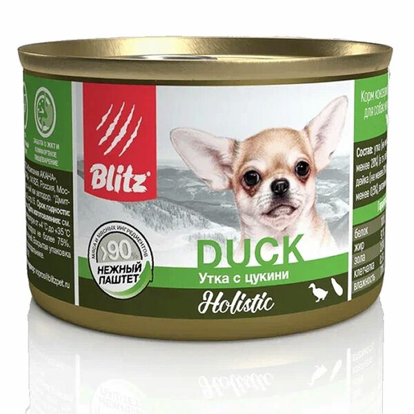 Корм для собак BLITZ для мелких пород, утка с цукини паштет банка