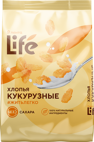 Готовый завтрак ЛЕНТА LIFE Хлопья кукурузные, без сахара, 350г