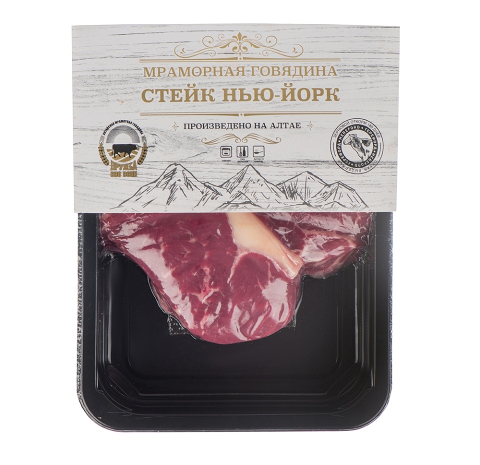 

Стейк Нью-йорк Дружба из алтайской мраморной говядины охлаждённый вес