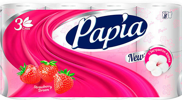 Туалетная бумага Papia Клубничная мечта 3 слоя 8 рулонов