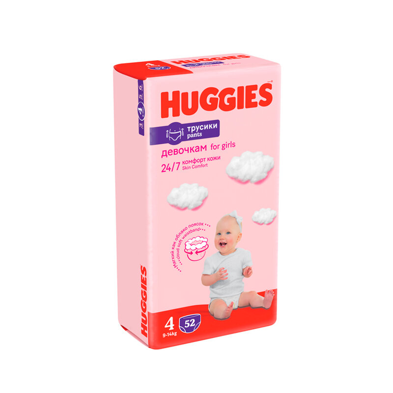 

Трусики-подгузники Huggies для девочек 4-L 9-14 кг 52 шт. дизайн упаковки в ассортименте