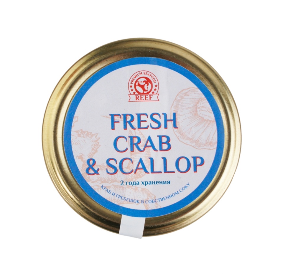 

Морское ассорти РИФ мясо краба + гребешок в собственном соку 250г, Россия