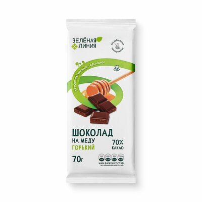 Горький шоколад Зелёная Линия классический на меду 70% 70 г