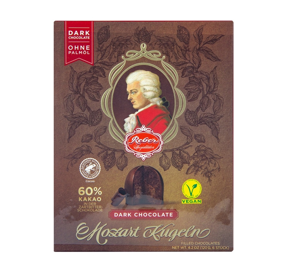 

Конфеты из горького шоколада Reber Mozart kugeln с начинкой из орехового пралине и марципана 120 г