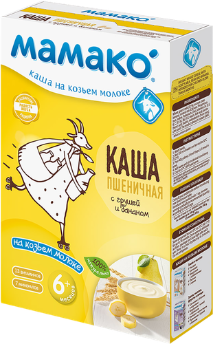 

Каша Мамако пшеничная на козьем молоке с грушей и бананом с 6 месяцев 200 г
