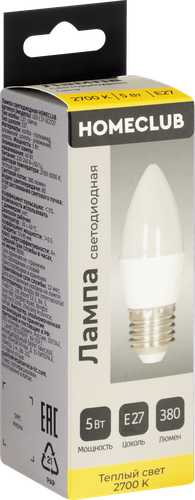 

Лампа Homeclub светодиодная свеча 5 Вт E27 теплый свет арт. LED-C37-5E2727