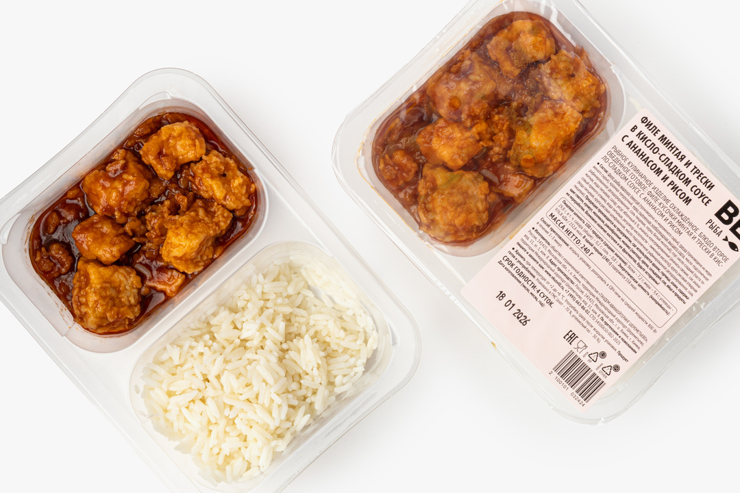 

Филе минтая и трески ВкусВилл в кисло-сладком соусе с ананасом и рисом 240 г