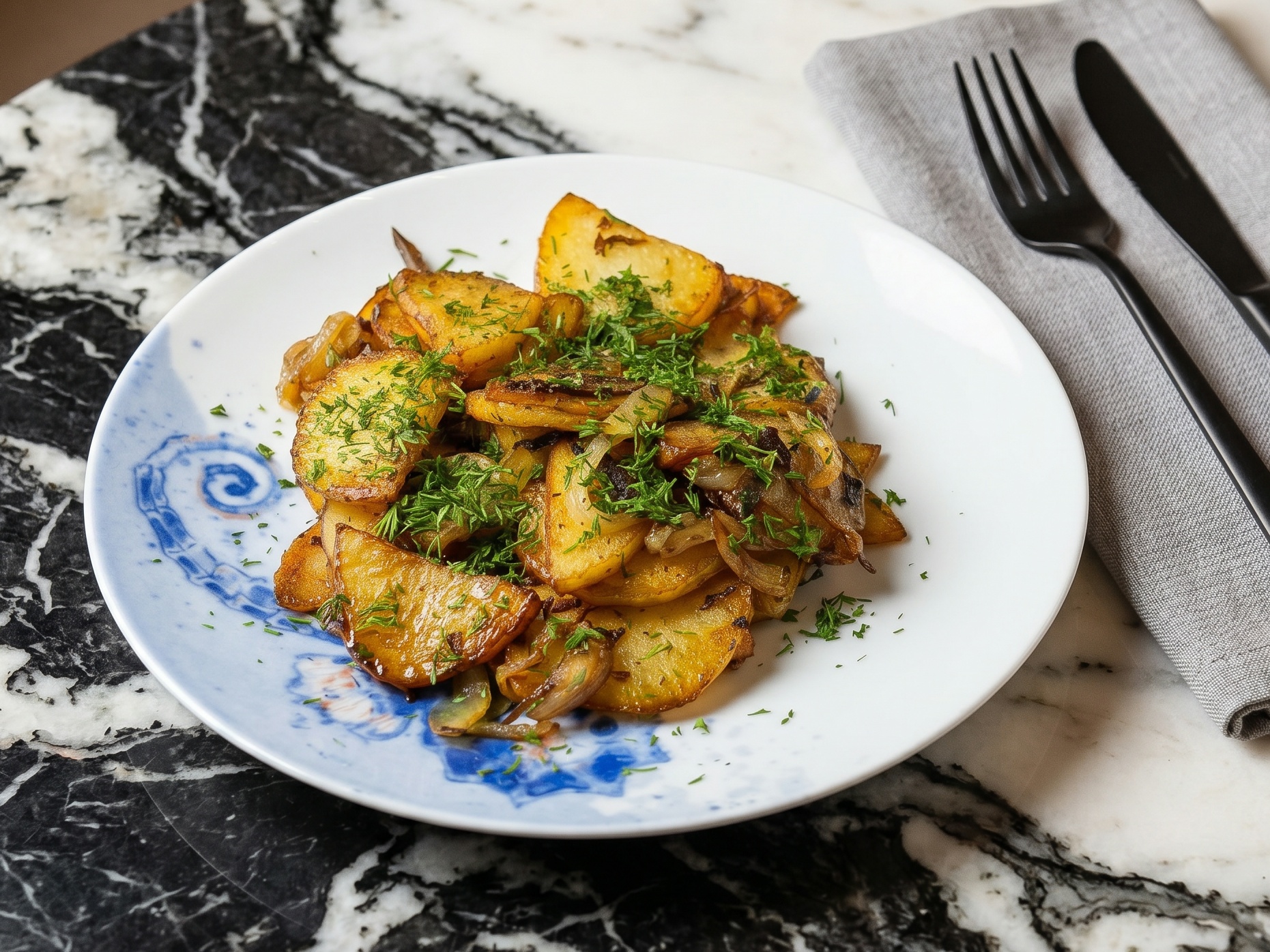 Жареный картофель с грибами и луком