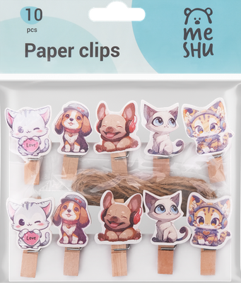 Зажимы для бумаг Мешу (Meshu) Милые животные (Cute pets) деревянные с веревкой 7 мм х 10 шт.
