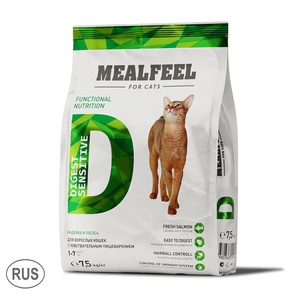 Корм Mealfeel сухой для кошек с чувствительным пищеварением с индейкой и лососем