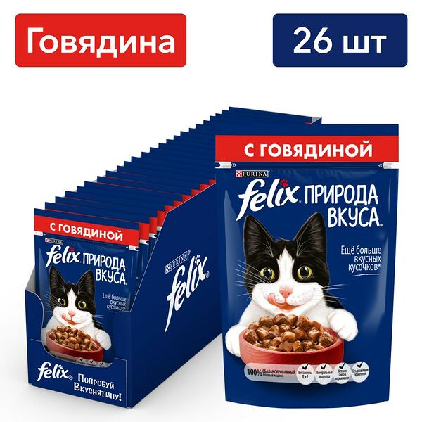 Корм для кошек FELIX Природа Вкуса говядина пауч 75г (упаковка - 26 шт)