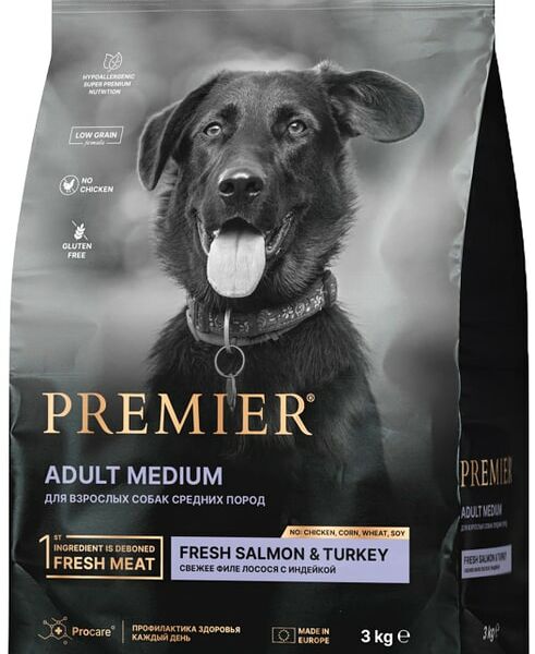 Сухой корм для собак Premier Dog Salmon&Turkey Adult Medium Свежее филе лосося с индейкой 3кг