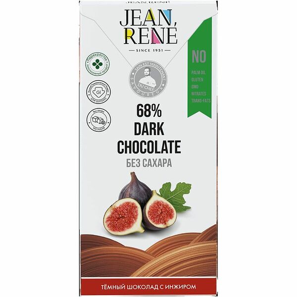 Шоколад Jean Rene тёмный авторский с инжиром без сахара 68%, 80г