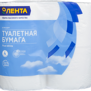 Бумага туалетная ЛЕНТА 3 слоя белая, 4шт