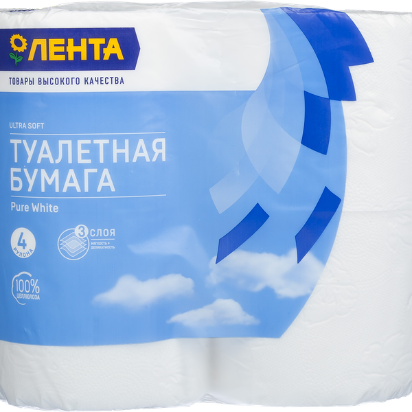 Бумага туалетная ЛЕНТА 3 слоя белая, 4шт