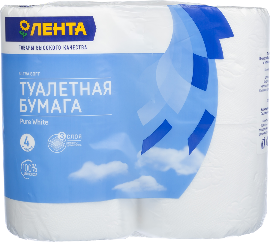 

Бумага туалетная ЛЕНТА 3 слоя белая, 4шт