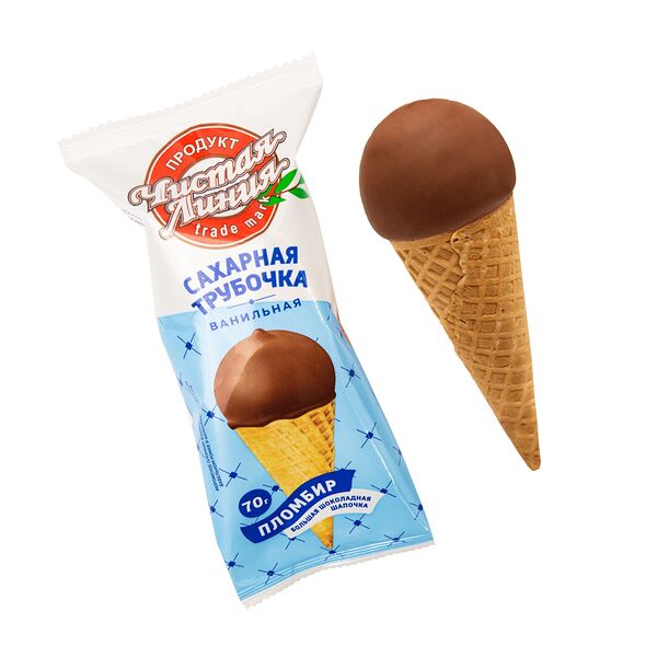 Мороженое Чистая Линия Пломбир Ванильный в шоколадной глазури в сахарном рожке 12% 70 г