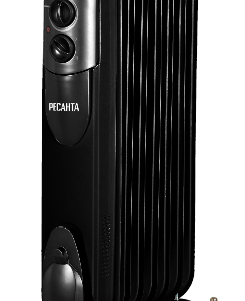 Масляный радиатор ОМПТ- 7НЧ Ресанта, мощность 1.5 кВт, черного цвета, влагозащитный корпус