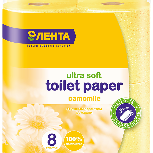 Бумага туалетная ЛЕНТА 3 слоя с ароматом ромашки, 8шт