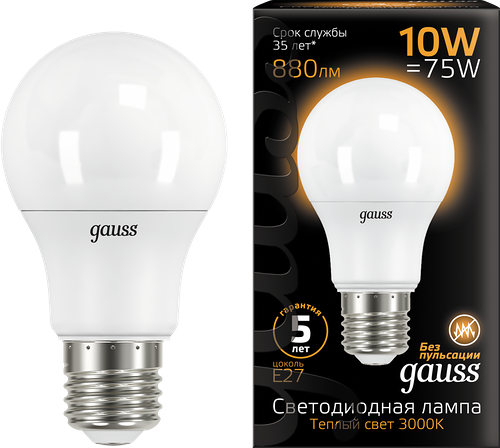 Лампа светодиодная Gauss Blk E27 10 Вт теплый, груша