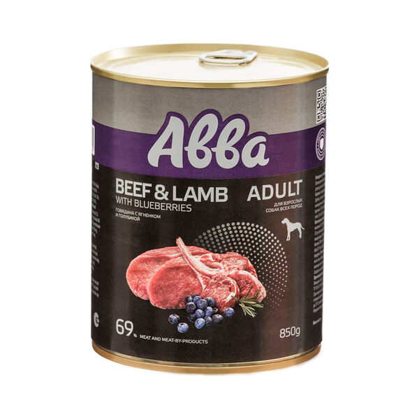 Влажный корм Aвва (консервы) для собак, говядина, ягненок и голубика, 850 г