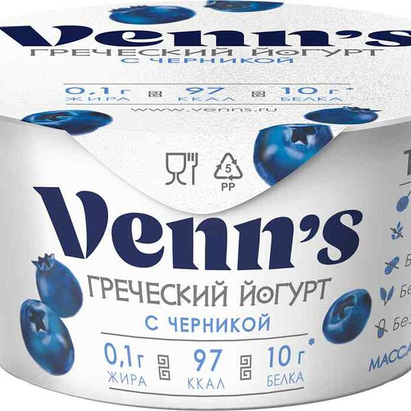Йогурт греческий Venn's с черникой 0,1% 130 г