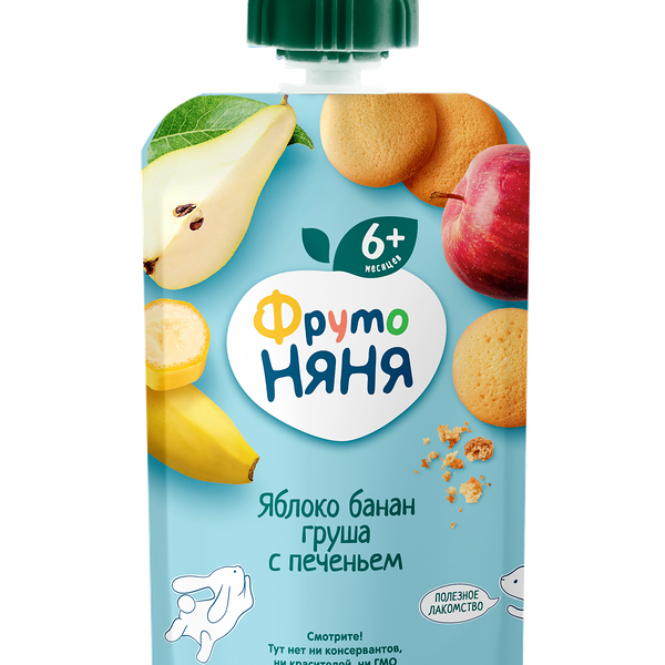 Пюре фруктовое ФрутоНяня яблоко банан груши с печеньем 90г пауч ДП