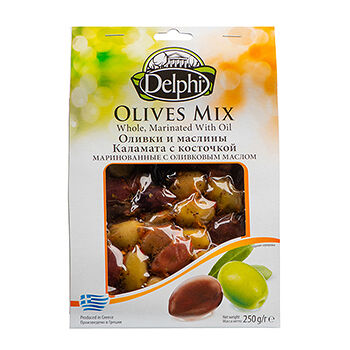Оливки и маслины Каламата маринованные Delphi с косточкой с оливковым маслом