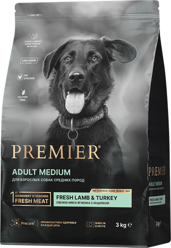 

Сухой корм для собак Premier Dog Lamb&Turkey Adult Medium свежее мясо ягненка с индейкой для собак средних пород 3 кг