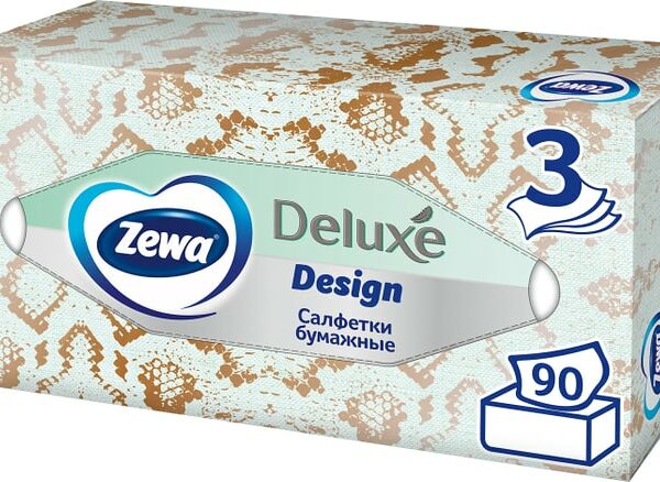 Салфетки бумажные Zewa Deluxe Дизайн косметические 3 слоя 90шт в ассортименте