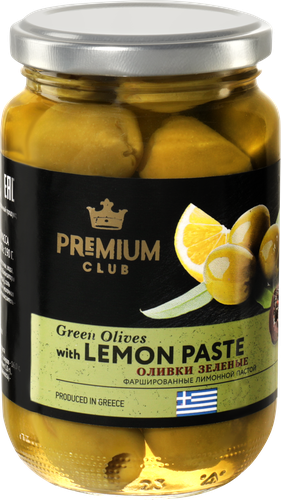 

Оливки фаршированные лимонной пастой PREMIUM CLUB зеленые, 370мл