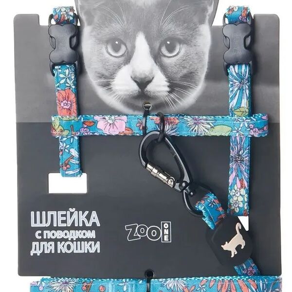Шлейка для кошек ZOO ONE Цветы синяя 10мм, 20х30/25х40см с поводком, 120см 
