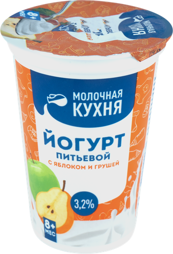 

Йогурт питьевой для питания детей Молочная кухня с яблоком, грушей с 4 витаминами 3,2%, без змж, 240 г