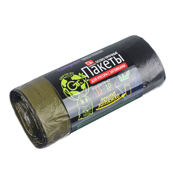 Grifon мешки для мусора био 35 л., 10 шт. с завязками, стандарт особо прочные, рулон