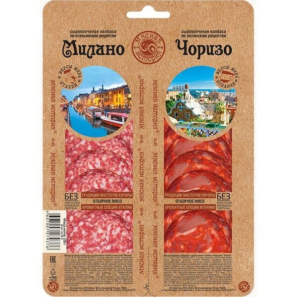 Колбаса сырокопченая Мясная История Милано Чоризо нарезка