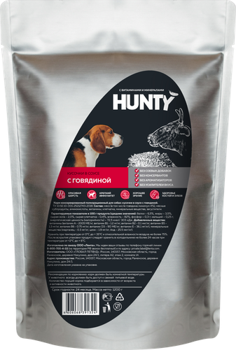 

Корм консервированный для взрослых собак HUNTY кусочки в соусе с говядиной, 1,2кг