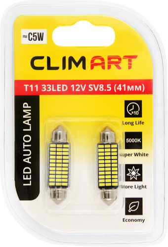 

Лампа автомобильная светодиодная CLIM ART T11 5000К 33LED 12V SV8.5 (C5W/41mm)/к-т, 2шт