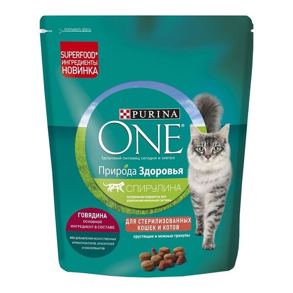 Корм для кошек Purina One Природа Здоровья, сухой для стерилизованных кошек, с говядиной