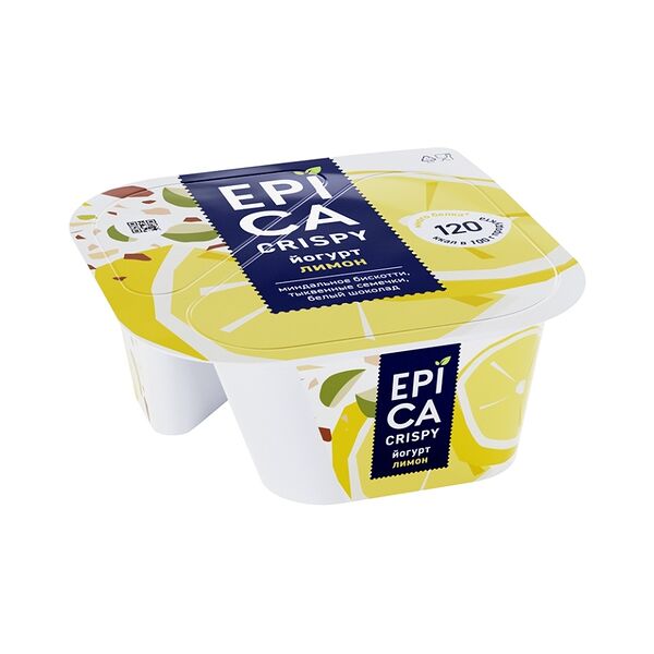 Йогурт Epica Crispy 8,6% лимон, миндальное бискотти, тыквенные семечки, белый шоколад