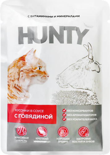 

Корм консервированный для кошек HUNTY сочные кусочки в соусе c говядиной 85 г