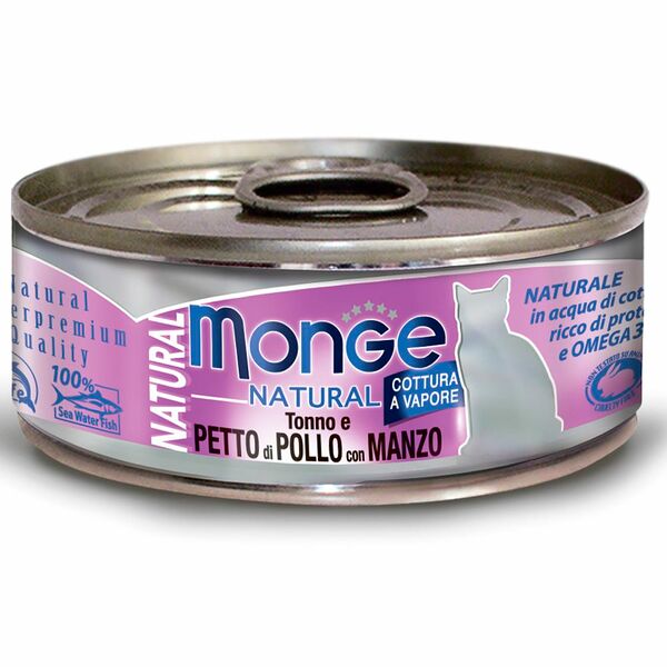 Корм влажный для кошек MONGE Cat Natural тунец с курицей и говядиной