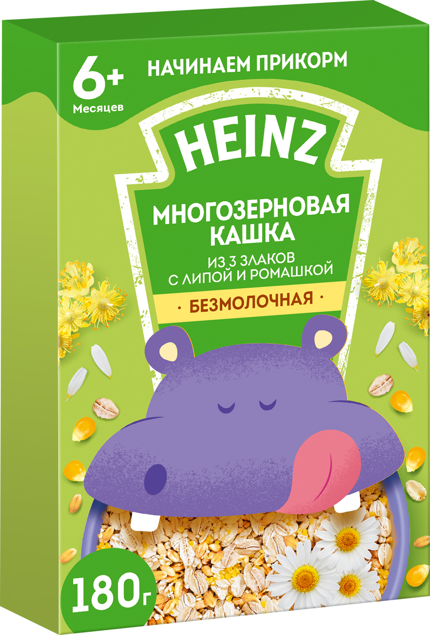 

Каша многозерновая HEINZ безмолочная из 3-х злаков с липой и ромашкой, с 6 месяцев, 180г