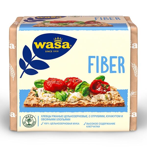 Хлебцы ржаные цельнозерновые Wasa Fiber с пшеничными отрубями, кунжутом и овсяными хлопьями, 230г