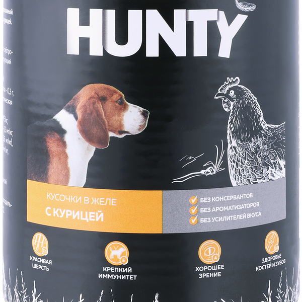 Корм консервированный для собак HUNTY Сочные кусочки в желе с курицей, 850г