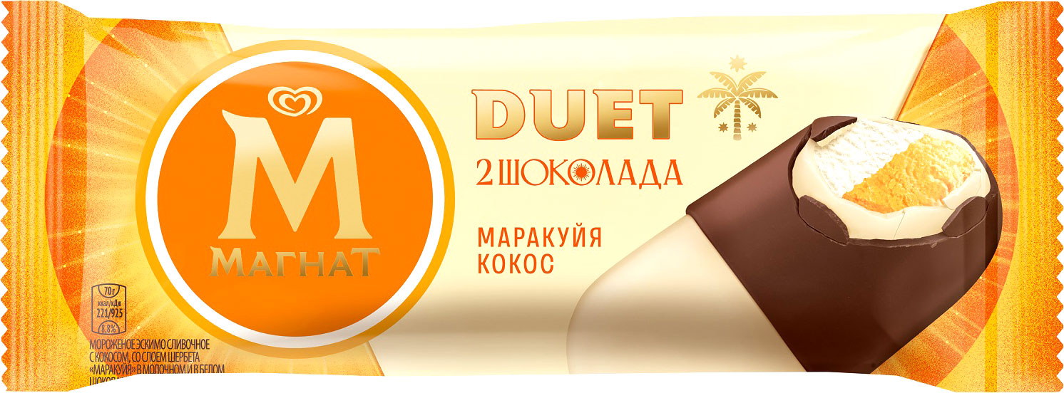 

Мороженое Магнат Duet эскимо 2 шоколада маракуйя-кокос