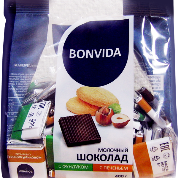 Шоколад молочный BONVIDA Ассорти с печеньем и фундуком
